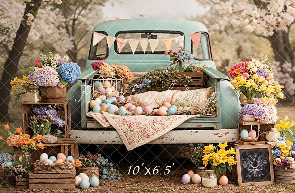 Kate Easter Spring Truck Pastel Eggs Flowers Printed Backdrop Designed by Emetselch