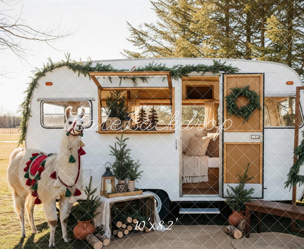 Kate Christmas Camper Llama Garland Wreath Trees Backdrop Designed by Patty Roberts