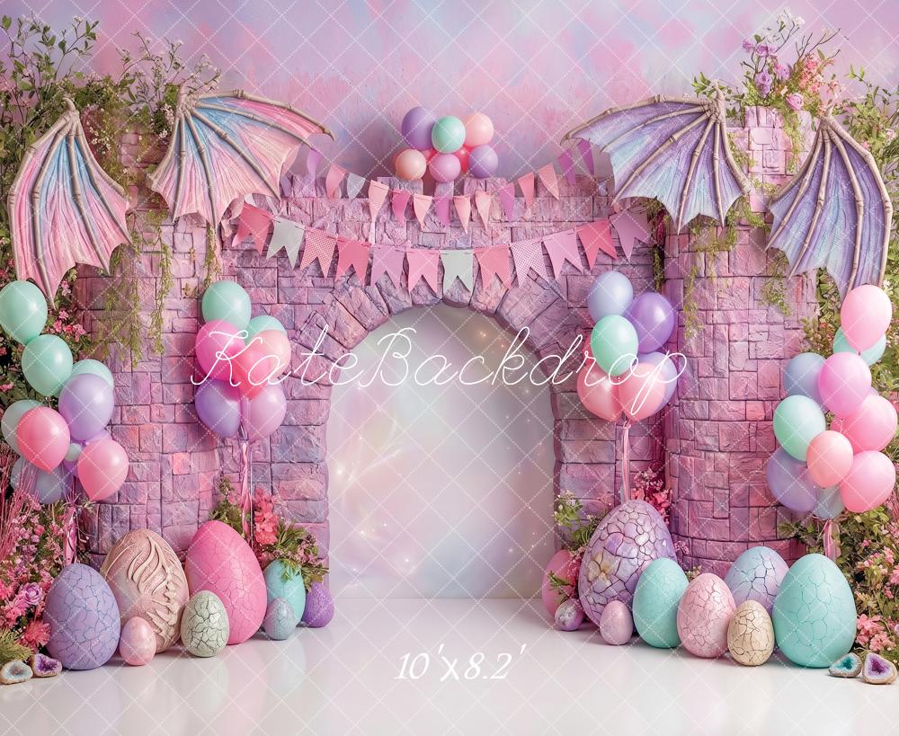 Kate Fantasy Dragon Egg Castle Pink Balloons Printed Backdrop Designed by Angela Miller