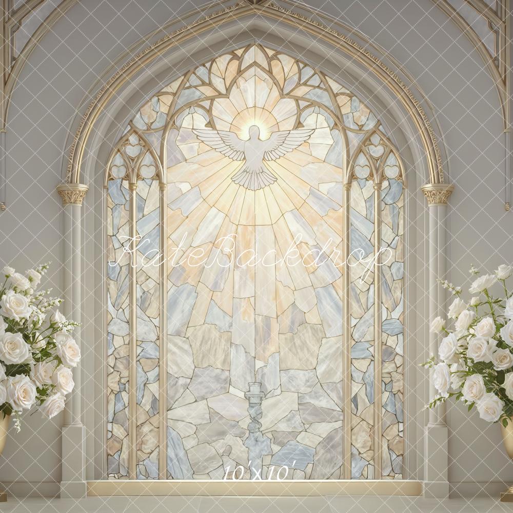 Kate Church Stained Glass Dove Window White Roses Printed Backdrop Designed by Mini MakeBelieve