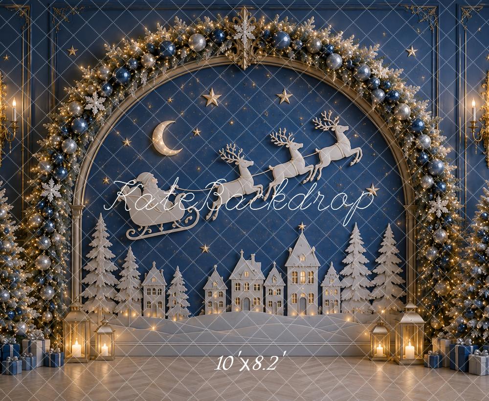 Kate Christmas Tree Blue Wall Snowy Village Sleigh Arch Printed Backdrop Designed by Caitlin Lynch
