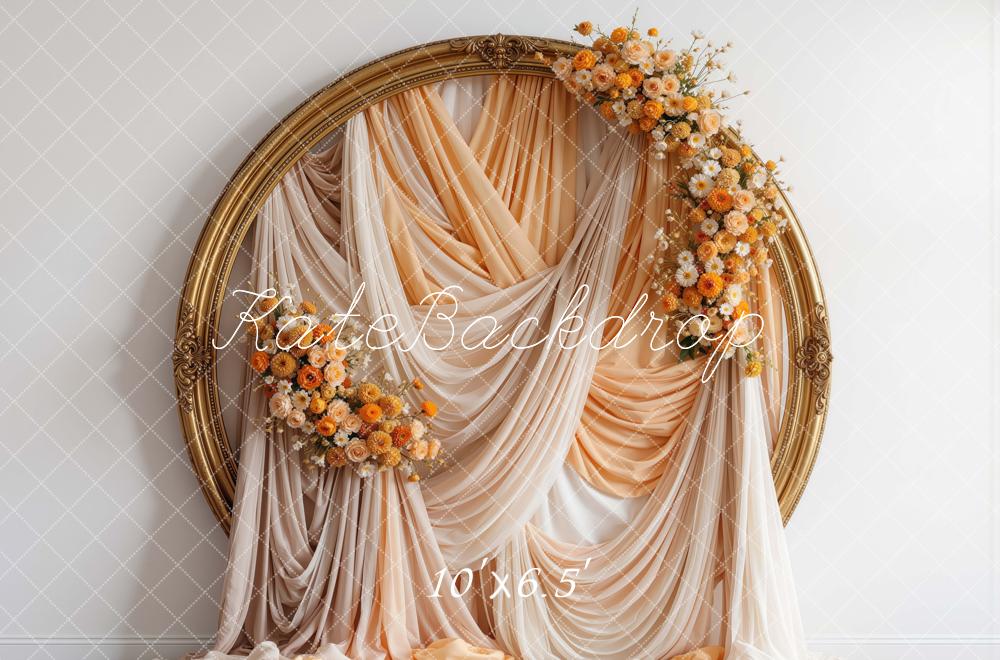 Kate Fall Flower Gold Circle Frame Peach Drapes Printed Backdrop Designed by Mini MakeBelieve