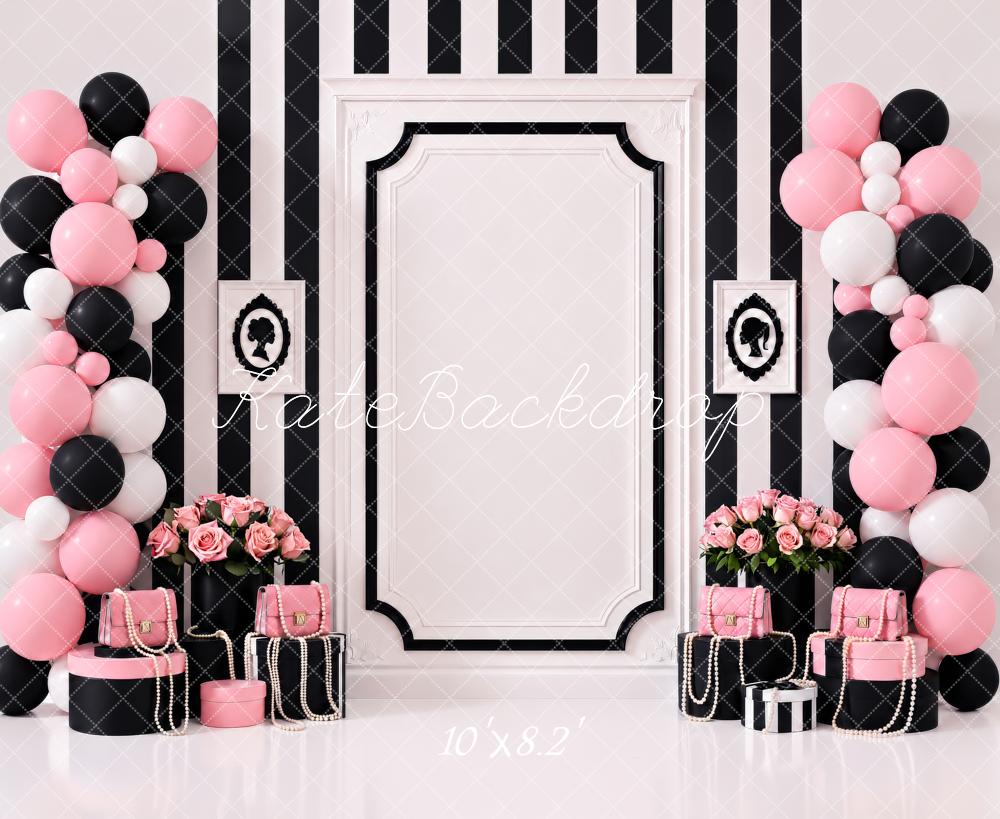 Kate Birthday Luxury Pink Black White Balloons Striped Wall Flowers Gifts Printed Backdrop Designed by Shutter Swan Studios