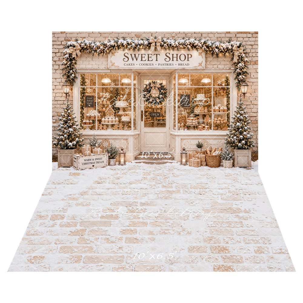 Kate Christmas Sweet Shop Window Display Bakery Gingerbread Snow Garland Presents Printed Backdrop+White Textured Retro Wall Printed Backdrop
