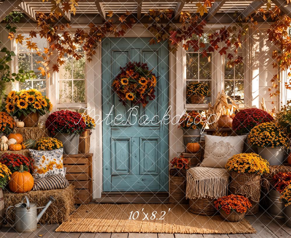 Kate Fall Porch Pumpkins Sunflowers Blue Door Printed Backdrop Designed by Emetselch