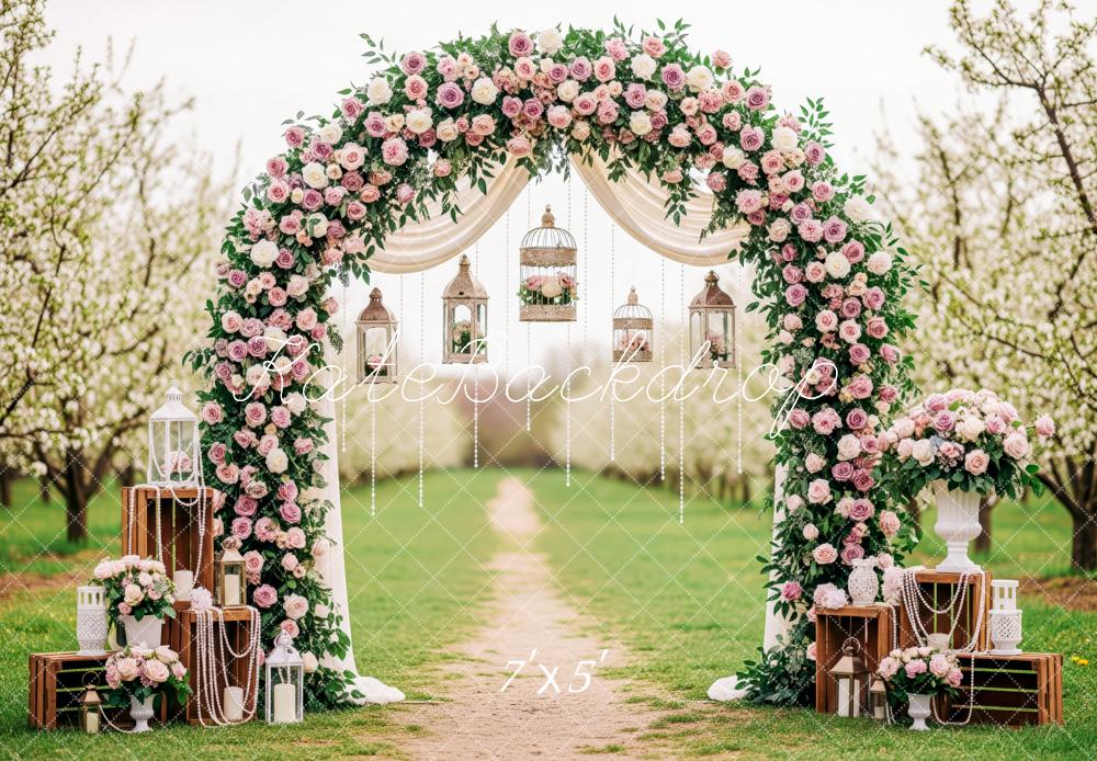 Kate Spring Flower Arch Lantern Birdcage Pink White Roses Printed Backdrop Designed by Patty Roberts