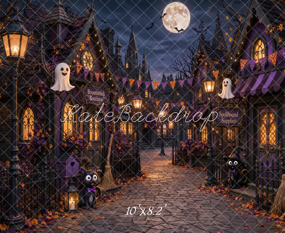 Kate Halloween Night Haunted Village Ghosts Witch Cobblestone Printed Backdrop Designed by Chain Photography
