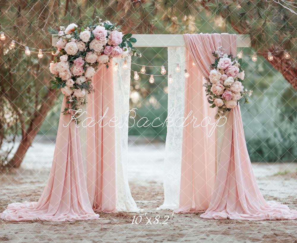 Kate Spring Wedding Flower Arch Pink Drapes String Lights Printed Backdrop Designed by Angela Miller