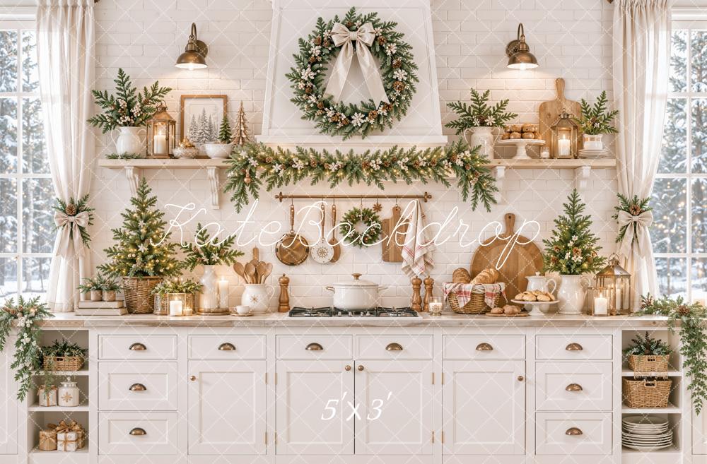 Kate Christmas White Kitchen Cabinet Wreath Garland Printed Backdrop Designed by Emetselch