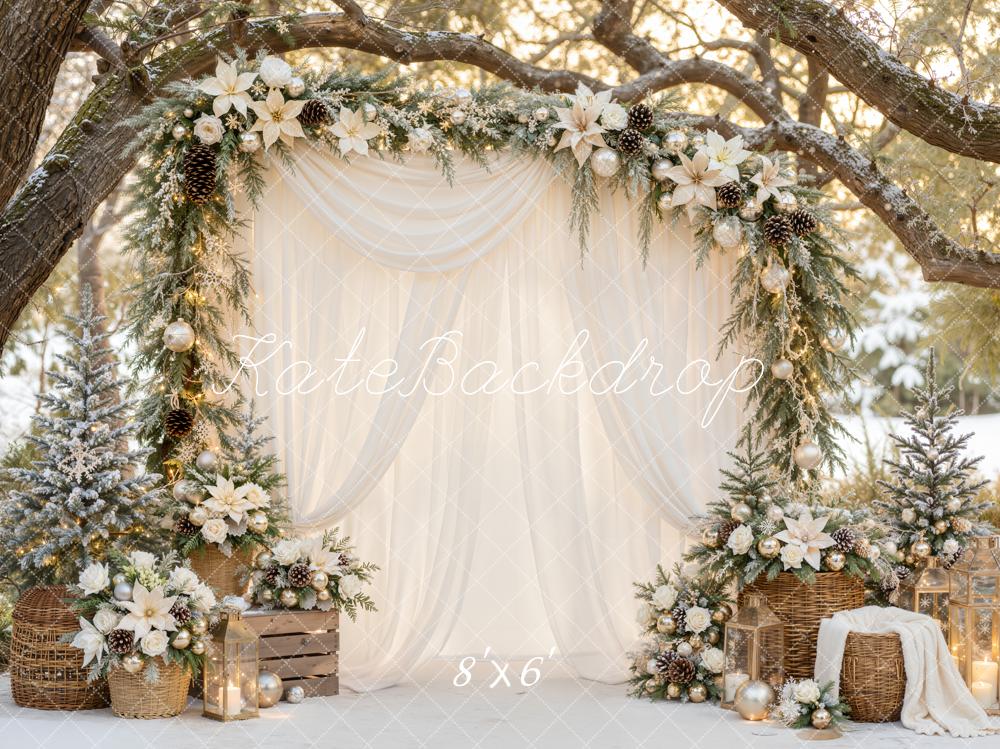 Kate Christmas White Drapes Floral Garland Lantern Arch Printed Backdrop Designed by Emetselch