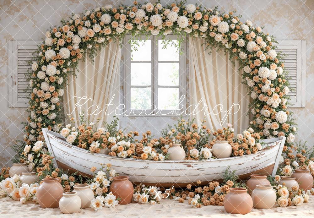 Kate Flower Arch Boat Window Vases Beige Floral Printed Backdrop Designed by Mini MakeBelieve