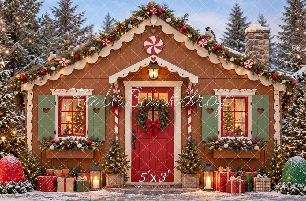 Kate Christmas Gingerbread Cottage Candy Cane Snowy Forest Printed Backdrop Designed by Vertigo Productions