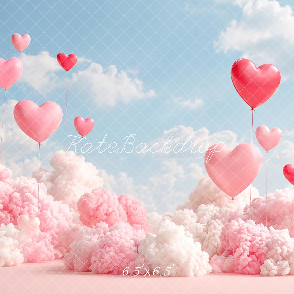 Kate Valentine's Day Heart Balloons Pink Clouds Sky Printed Backdrop Designed by Angela Miller