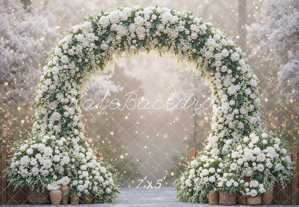 Kate Spring Flower Arch White Roses Bokeh Backdrop Designed by Mini MakeBelieve