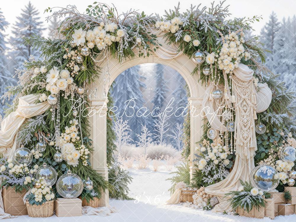 Kate Winter Boho Wedding Flower Arch Greenery Snow Printed Backdrop Designed by Mini MakeBelieve