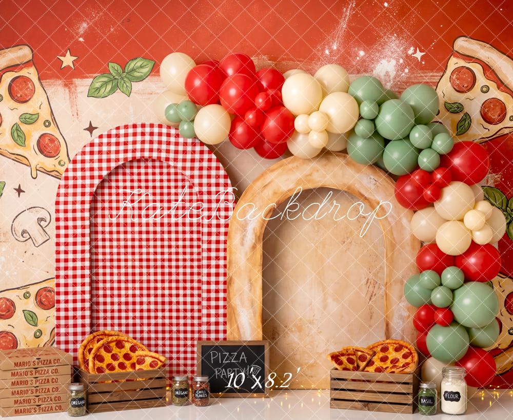 Kate Cake Smash Pizza Party Red Checkered Balloon Arch Printed Backdrop Designed by Patty Roberts