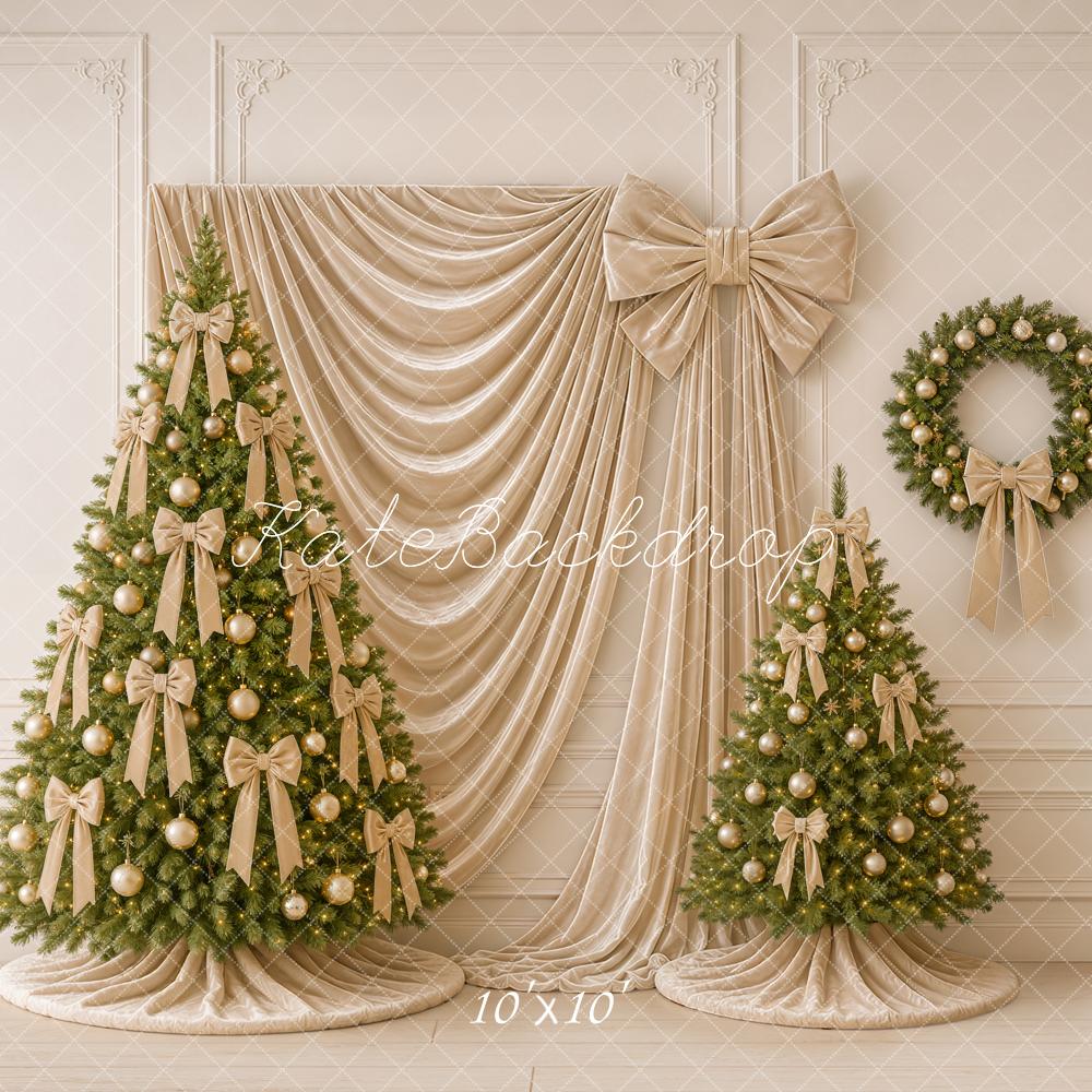 Kate Christmas Tree Gold Bow Wreath Draped Curtain Printed Backdrop Designed by Emetselch