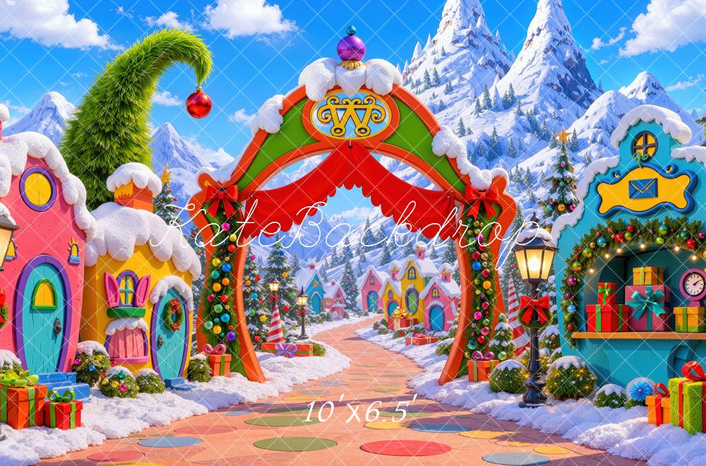 Kate Christmas Whimsical Whoville Village Arch Snowy Mountains Printed Backdrop Designed by Mini MakeBelieve
