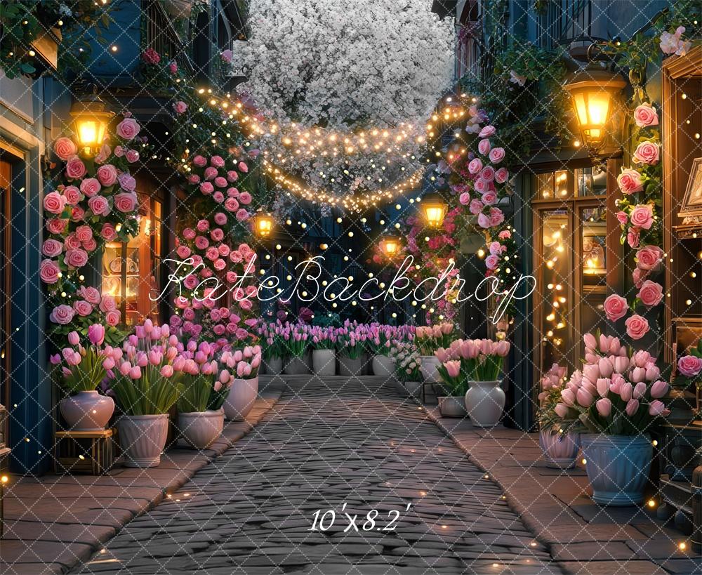 Kate Spring Night Village Floral Street Lanterns Backdrop Designed by Mini MakeBelieve