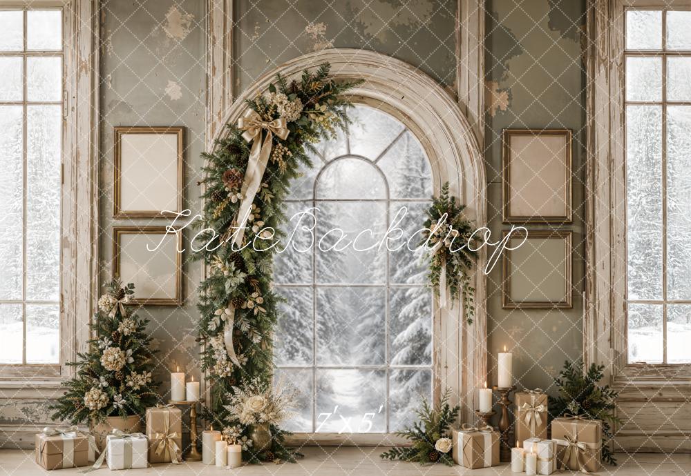 Kate Christmas Vintage Evergreen Garland Arch Snowy Window Printed Backdrop Designed by Emetselch