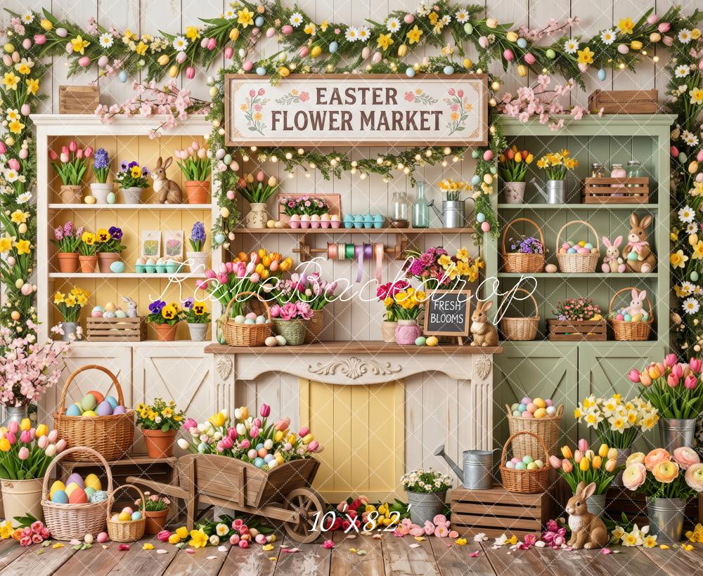 Kate Easter Flower Market Tulips Wood Shelf Eggs Printed Backdrop Designed by Patty Roberts