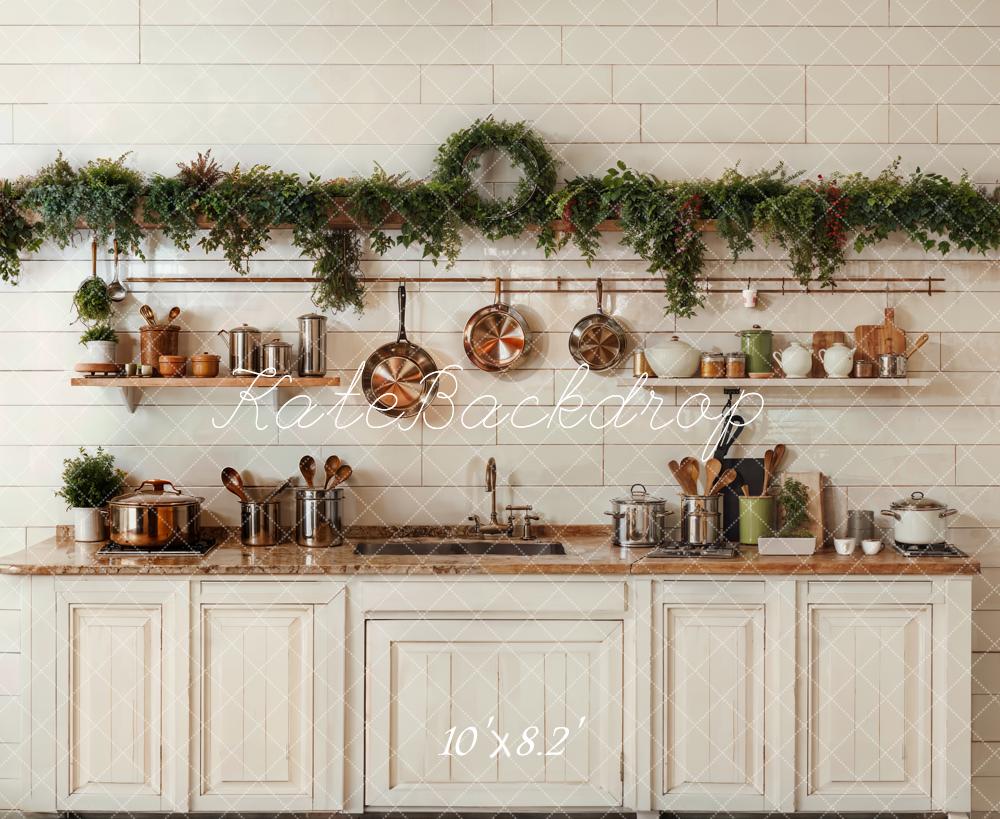 Kate Christmas Kitchen White Cabinets Cookware Backdrop Designed by Emetselch