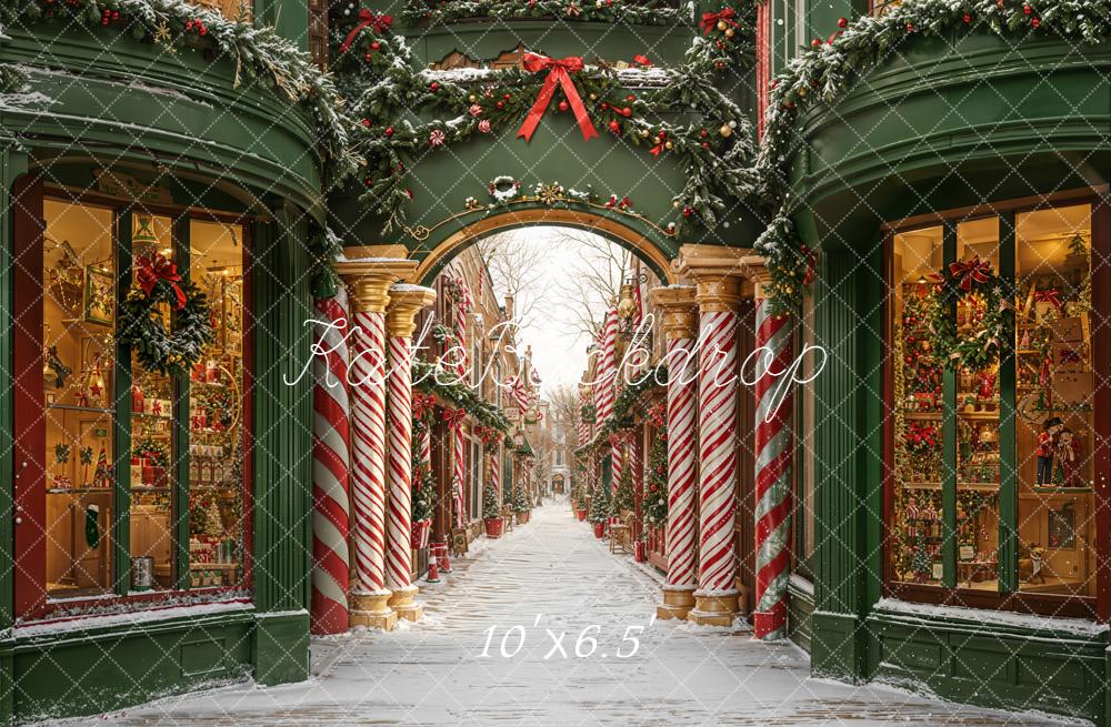 Kate Christmas Shop Street Arch Candy Cane Columns Backdrop Designed by Emetselch