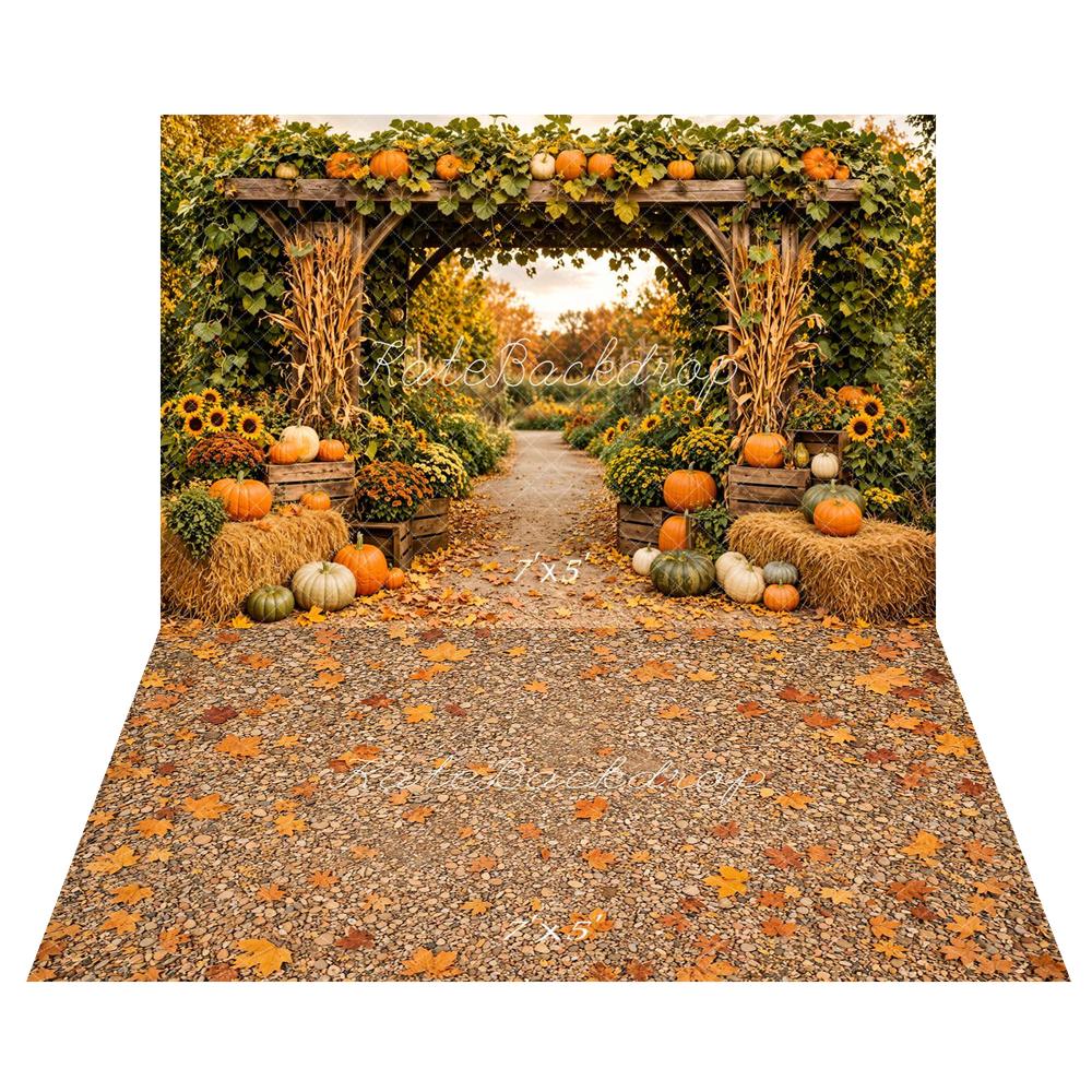 Kate Fall Floral Archway Pumpkin Sunflowers Hay Bales Printed Backdrop+Fall Pebble Ground Maple Leaves Floor Printed Backdrop