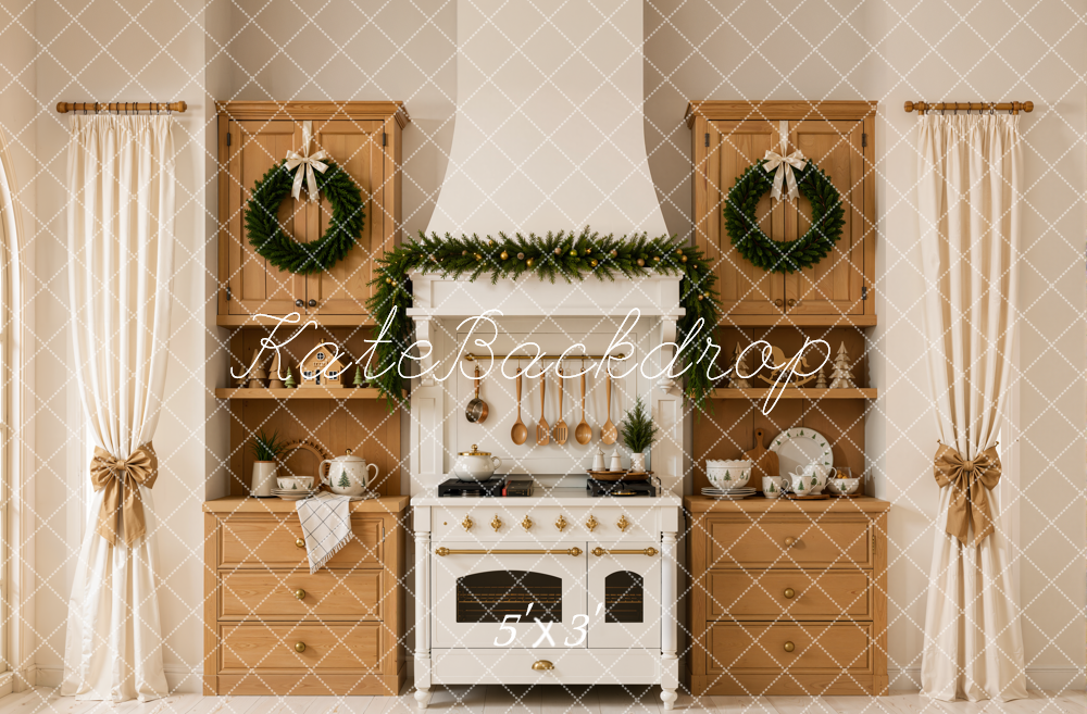 Kate Christmas Kitchen Garland Wreath Wood Cabinets Curtains Printed Backdrop Designed by Emetselch