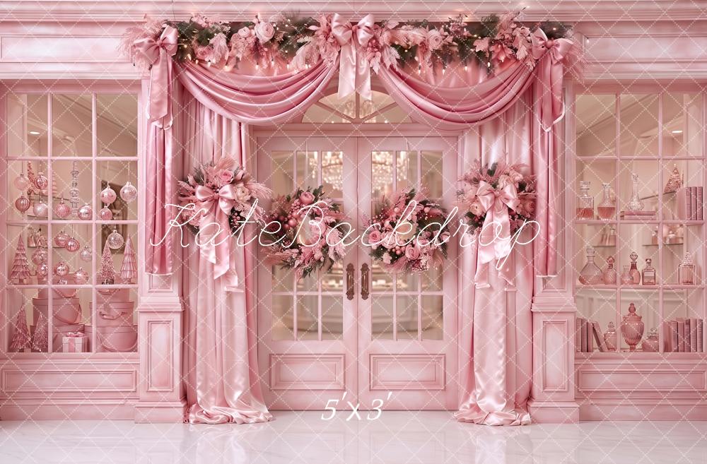 Kate Christmas Shop Pink Floral Doorway Drapery Bow Printed Backdrop Designed by Angela Miller