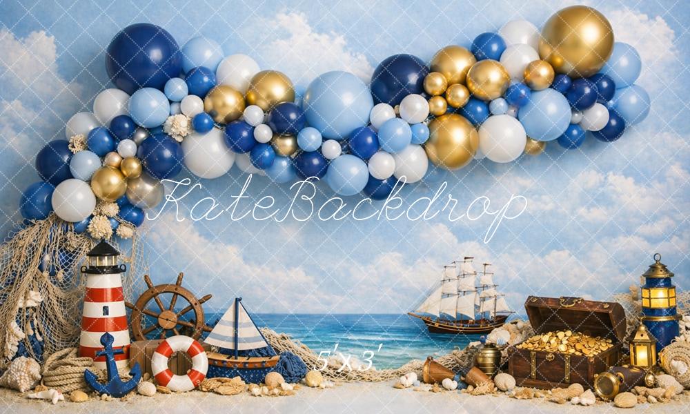 Kate Nautical Balloons Pirate Ship Treasure Lighthouse Printed Backdrop Designed by Caitlin Lynch