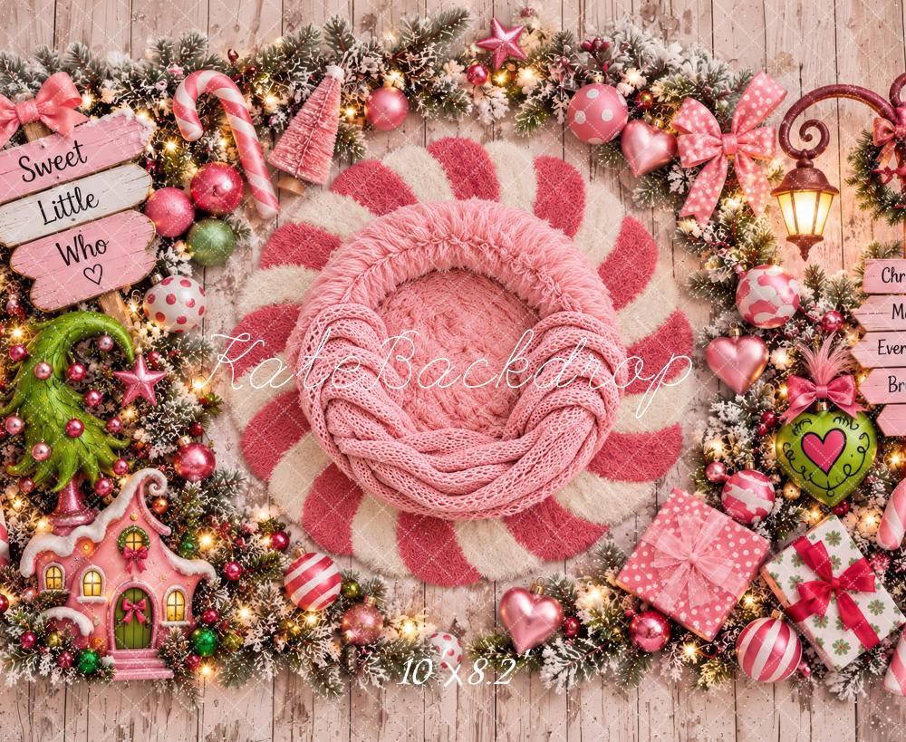 Kate Christmas Newborn Sweet Little Girly Who Pink Candy Cane Printed Backdrop Designed by Laura Bybee