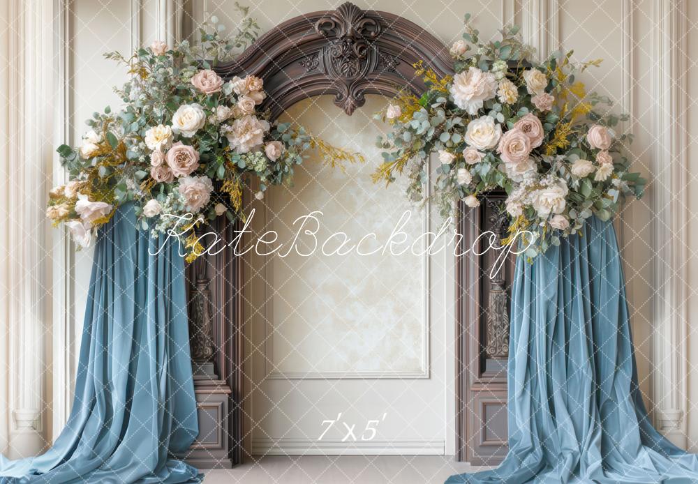 Kate Retro Floral Arch Blue Drapes Backdrop Designed by Mini MakeBelieve