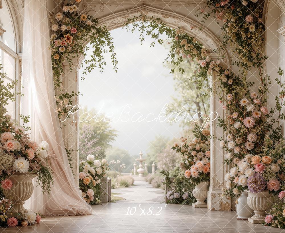 Kate Spring Flower Arch Palace Garden White Curtains Printed Backdrop Designed by Shutter Swan Studios
