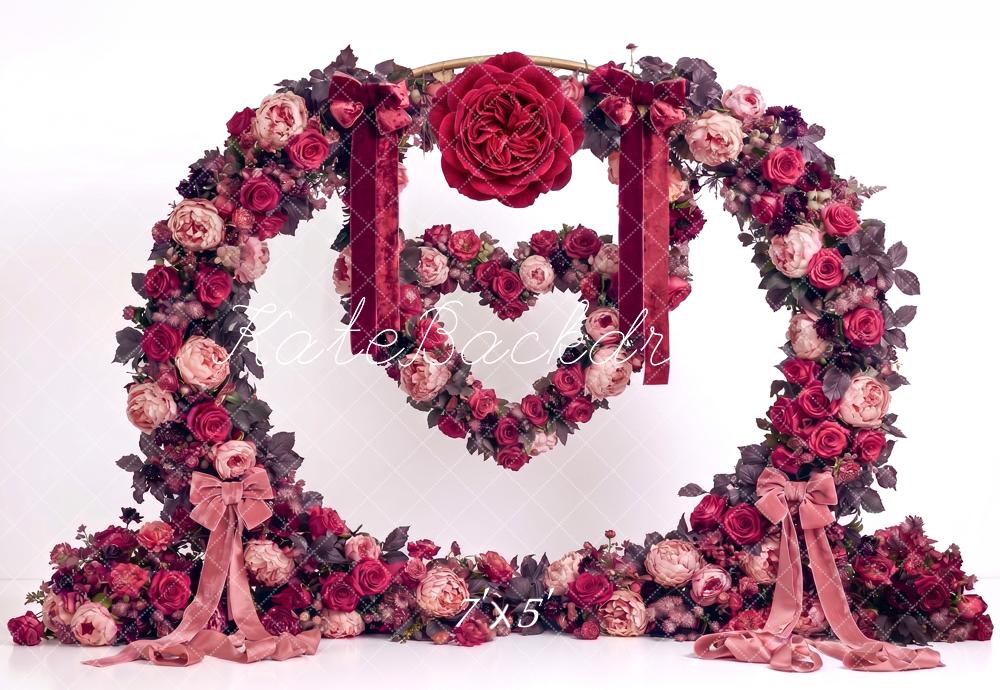 Kate Valentines Arch Burgundy Rose Flower Heart Printed Backdrop Designed by Angela Miller