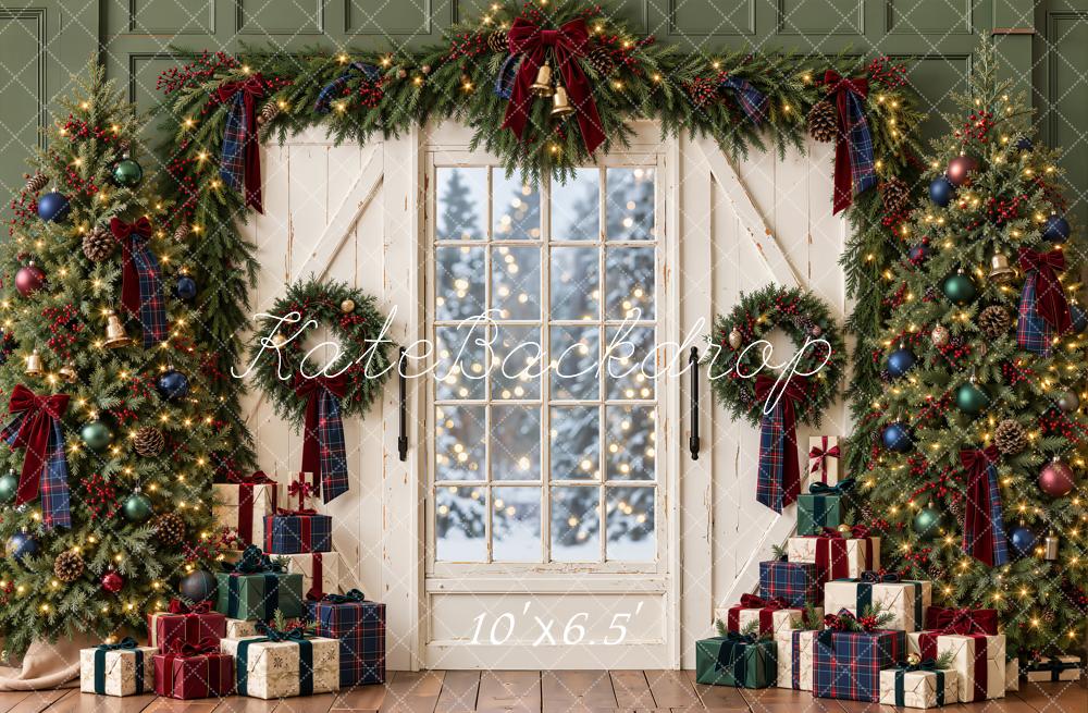 Kate Christmas Trees Window White Doors Presents Garland Printed Backdrop Designed by Emetselch