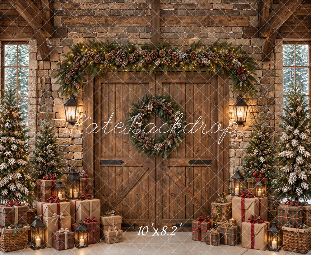 Kate Christmas Rustic Wood Barn Door Pine Trees Gifts Printed Backdrop Designed by Emetselch
