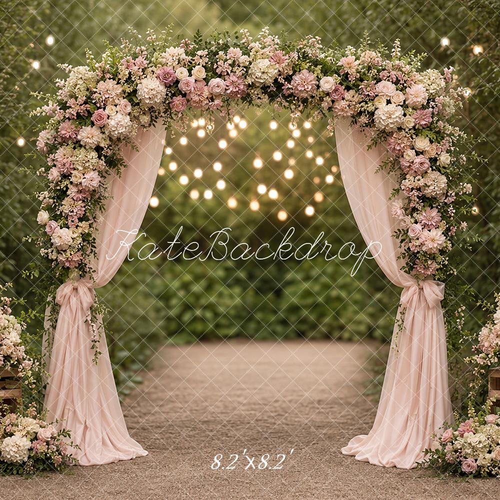 Kate Wedding Romantic Garden Flower Arch Drapes String Lights Printed Backdrop Designed by Angela Miller