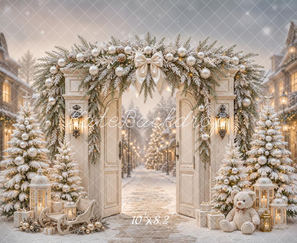 Kate Christmas Street Flower Arch Snowy Trees Lanterns Teddy Bear Printed Backdrop Designed by Emetselch