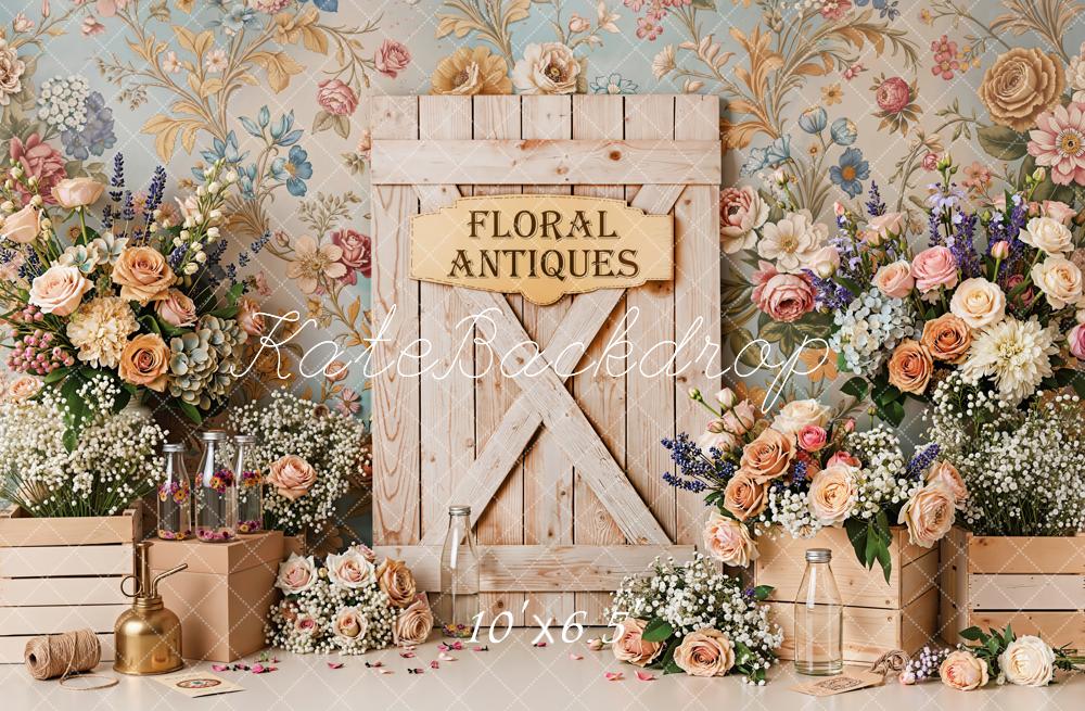 Kate Spring Floral Antiques Barn Door Flowers Crates Printed Backdrop Designed by Emetselch