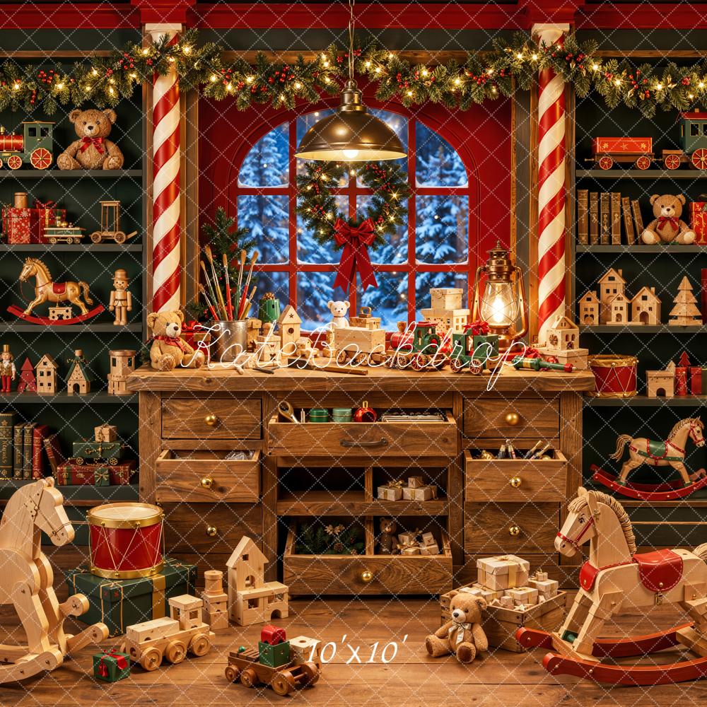Kate Christmas Toys Room Wooden Rocking Horse Teddy Bear Printed Backdrop Designed by Emetselch