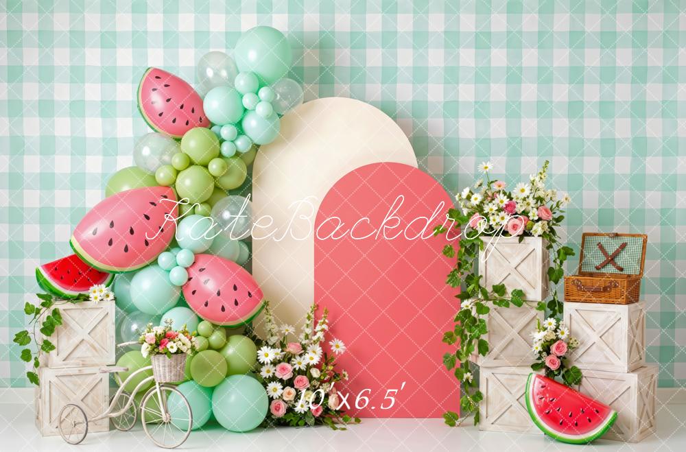 Kate Cake Smash Summer Mint Green Watermelon Balloon Arch Printed Backdrop Designed by Patty Roberts