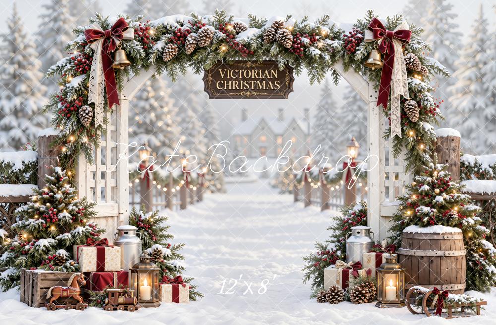 Kate Christmas Victorian Snowy Arch Rustic Fence Printed Backdrop Designed by Emetselch