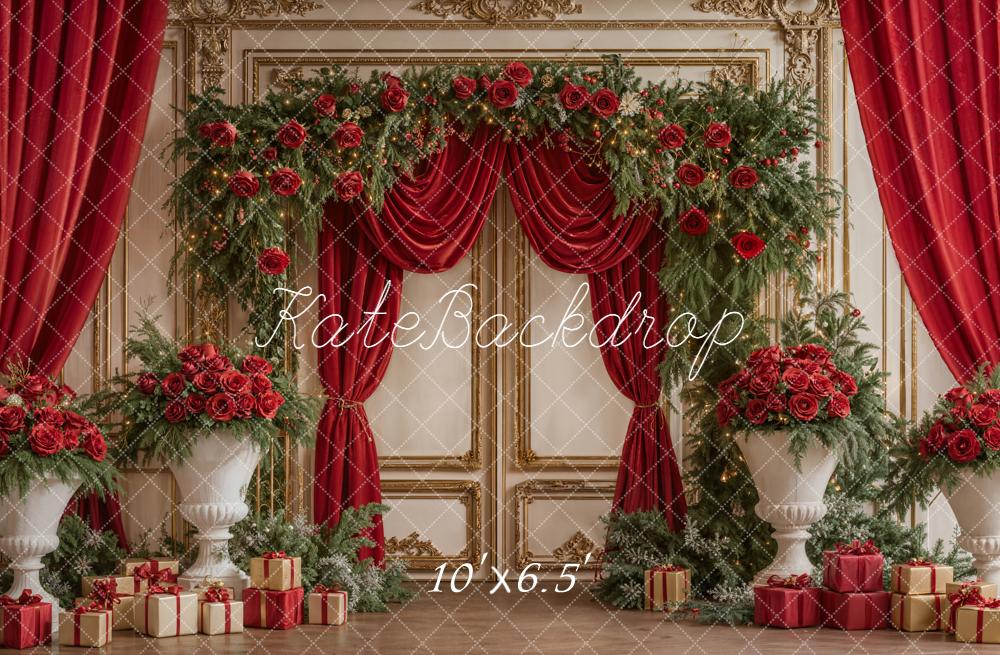 Kate Christmas Red Flower Arch Presents Gold Wall Backdrop Designed by Emetselch