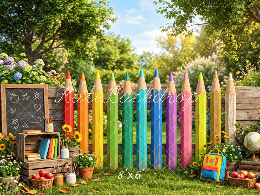 Kate Back To School Colorful Pencil Fence Garden Printed Backdrop Designed by Patty Roberts