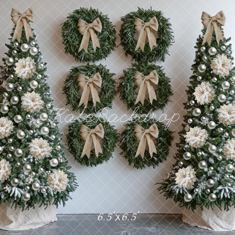 Kate Christmas Trees Wreaths Bow White Backdrop Designed by Mini MakeBelieve