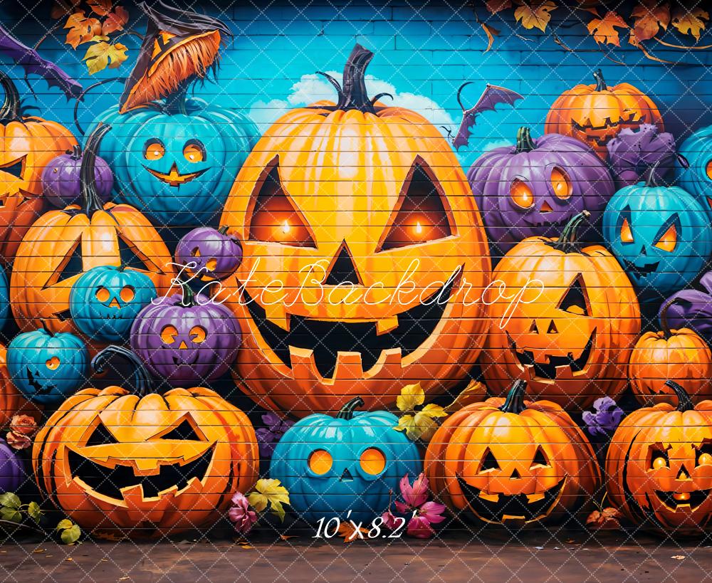 Kate Halloween Graffiti Wall Pumpkin Lanterns Printed Backdrop Designed by Emetselch