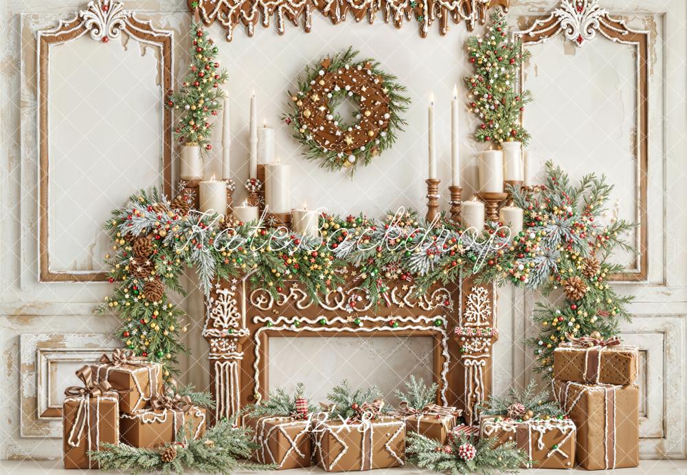 Kate Christmas Gingerbread Fireplace Garland Gifts Wreath Backdrop Designed by Emetselch