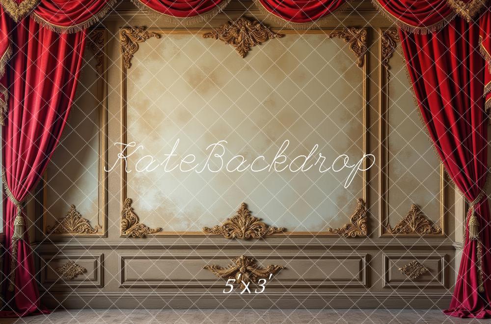 Kate Vintage Wall Red Curtains Gold Ornaments Printed Backdrop Designed by Laura Bybee