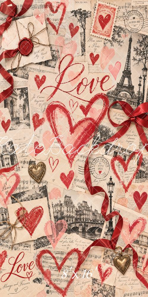 Kate Valentine's Day Newspaper Eiffel Tower Love Hearts Collage Printed Backdrop Designed by Chain Photography
